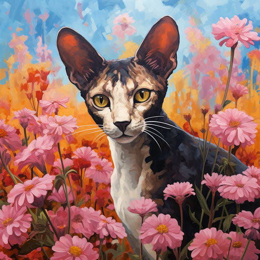 Cornish rex cat in a field of flowers