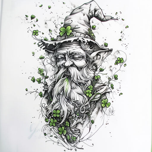 Leprechaun tattoo with Irish folklore elements on white background
