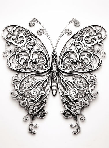 Elaborate butterfly on white background, intricate black and white style