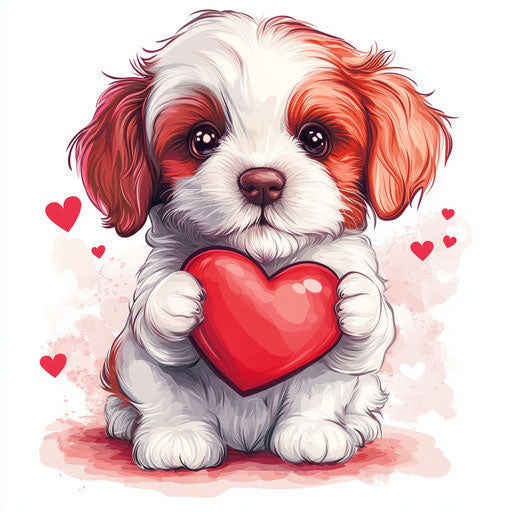 Valentine's Day adorable puppy with heart, airbrush art in red and pink on white background
