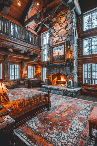 Stone fireplace in a mountain lodge bedroom