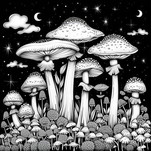 Mysterious mushroom forest at night in the style of Ruben Ireland, dark and ethereal, Coloring book page