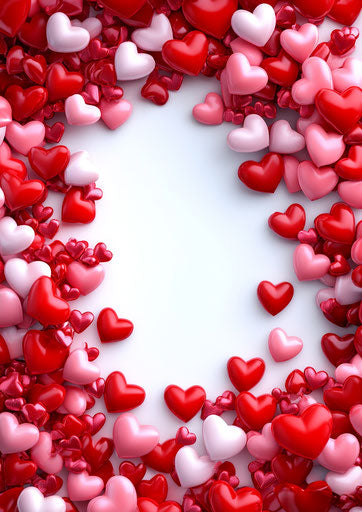 Valentine's Day background with red and pink hearts, center white space for text or photo, flat lay