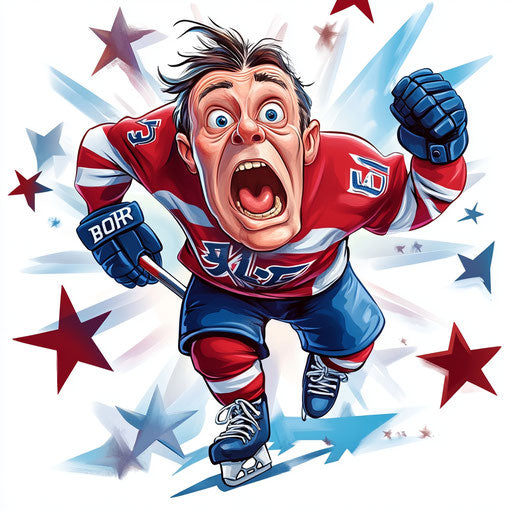 Humorous caricature of hockey with exaggerated traits and surrounded by stars