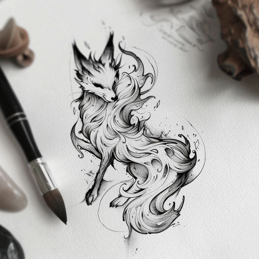 Monochrome flat tattoo sketch of a kitsune