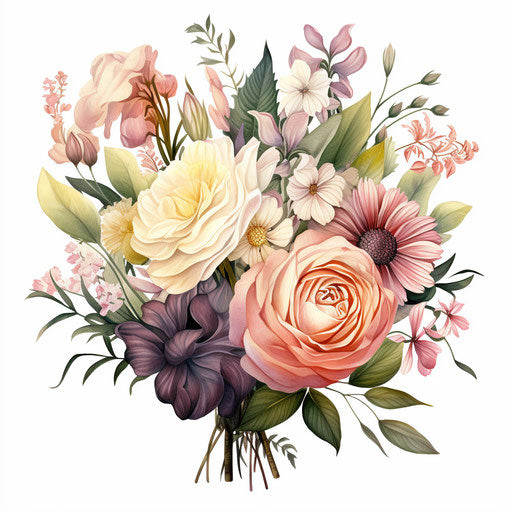Flower bouquet in Chiaroscuro Art style, on white background
