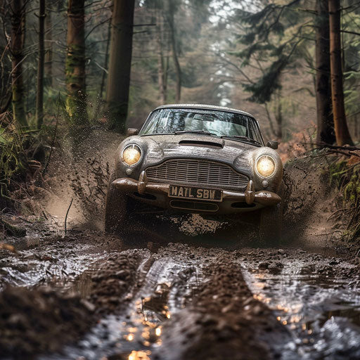 Muddy rally-spec Aston Martin DB6 racing through rugged forest trail