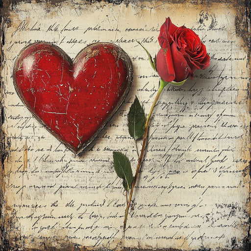 Red heart and rose on vintage love letters
