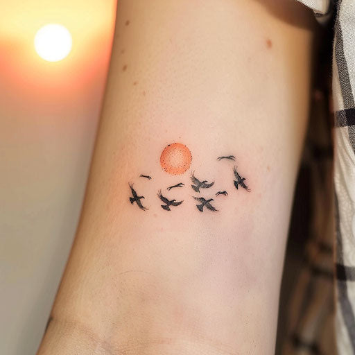 Elegant sunset tattoo with birds flying across