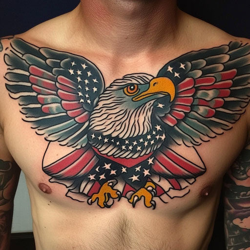 Eagle chest tattoo with American flag