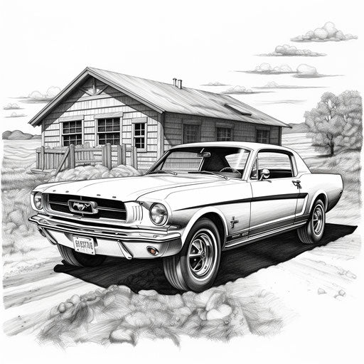 The Ford Mustang is a black and white coloring page, Flickr style, nostalgic charm