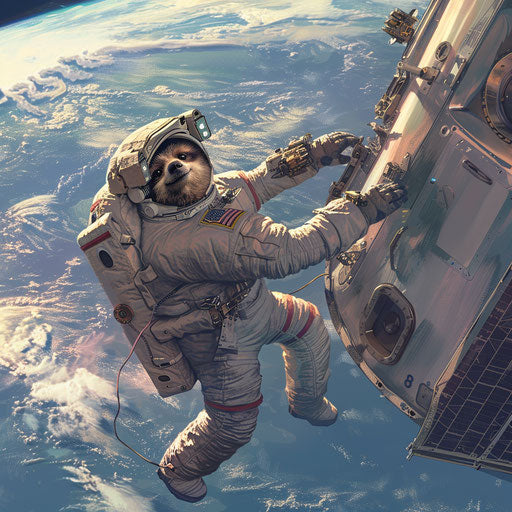 Sloth astronaut on spacewalk repairing satellite