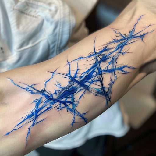 Electric curse mark, jagged lines in blue and white on white