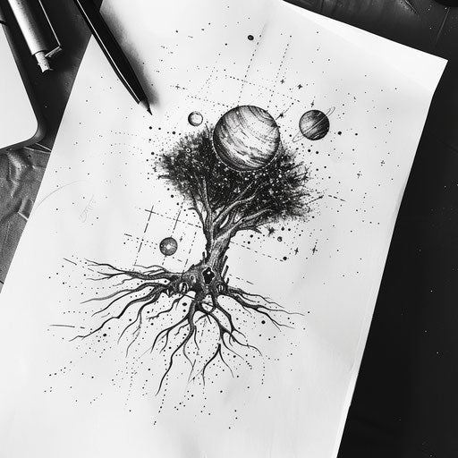 Cosmic tree of life tattoo sketch, space theme