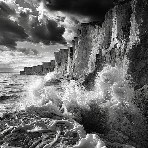 White Cliffs of Dover in high-contrast black and white, emphasizing wave action