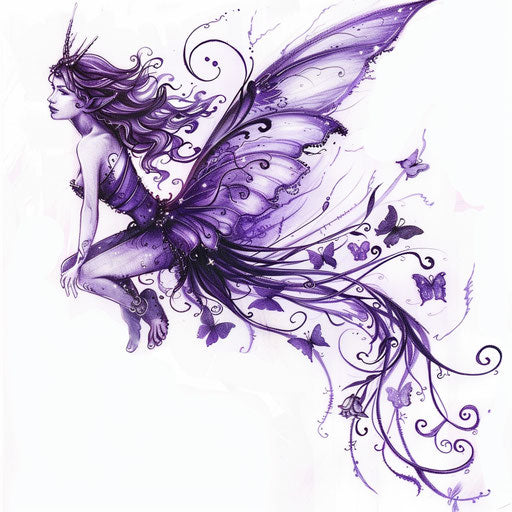 Whimsical design of a violet fairy tattoo, delicate and magical