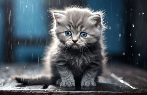 Cute kitten crying dark gray light blue style