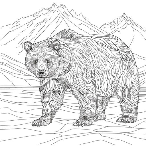 Brown bear in front of mountains, coloring book page