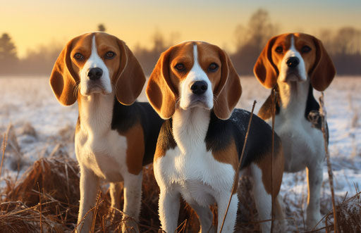 Pack of beagles on frosty field, dark white and dark orange style