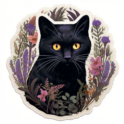 Black cats sticker for the black witch, botanical abundance style