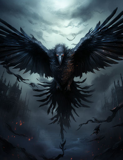 Bird flying, necropunk style, heavy shading, crowcore, playful dark, wiccan, frostpunk 24:31