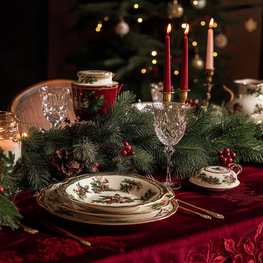 Christmas dinner table setting with fine china and candles