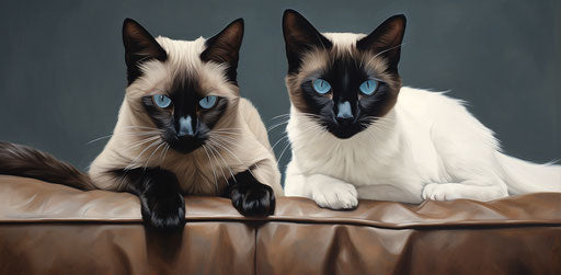 Two contrasting cats, a Siamese and a white one