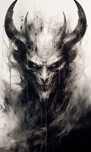 Black and white drawing of demon in realistic style with fantasy elements