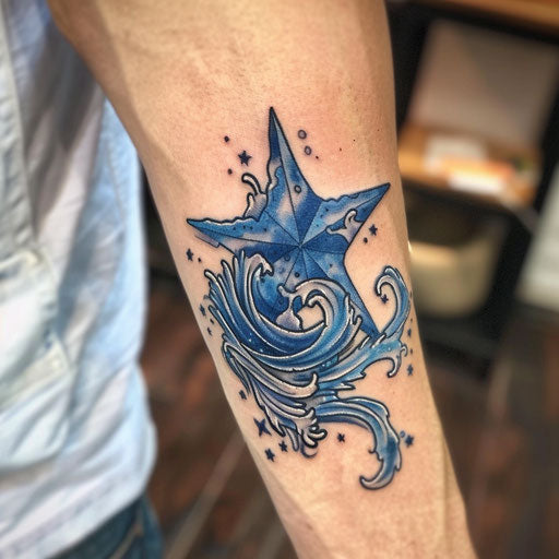 Nautical star with ocean wave motif in shades of blue on white