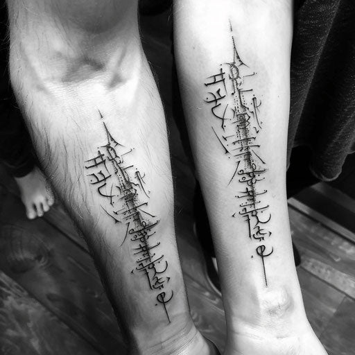 Matching sister tattoos of Elvish script, in the style of Peter Jackson, on the forearm