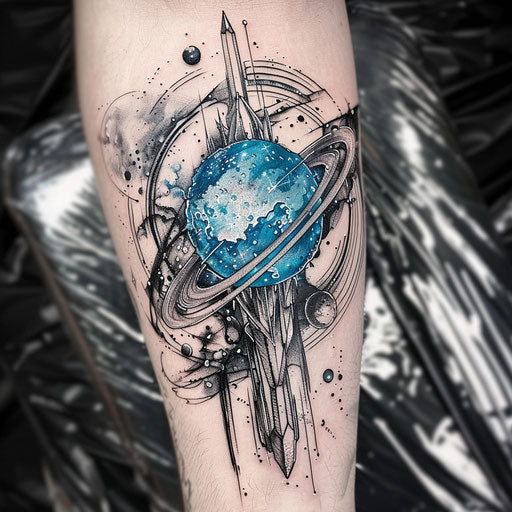 Dynamic tattoo sketch of Uranus with icy silver and shimmering blue motifs