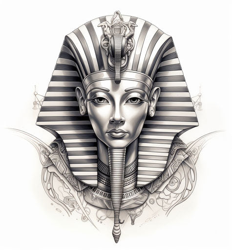 Sculpted pharaoh head, tattoo style, quiet potency