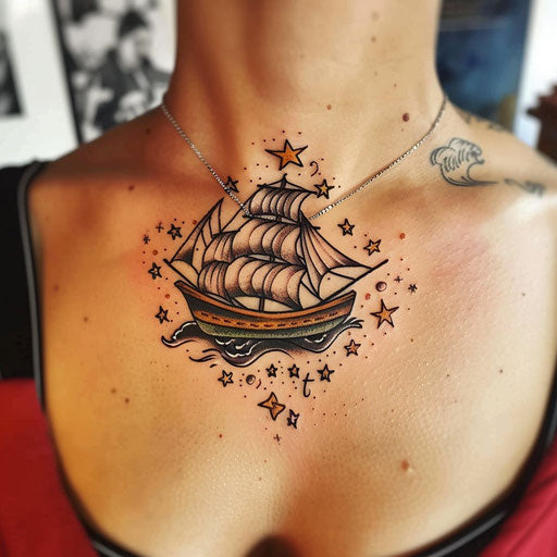 Classic nautical collarbone tattoo design