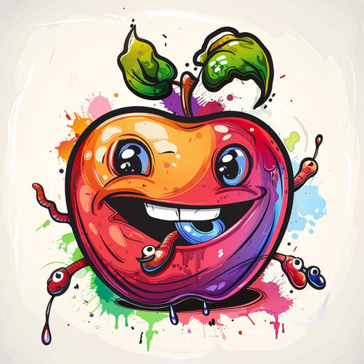 Smiling apple with dancing worms, cheerful tattoo in bright colors