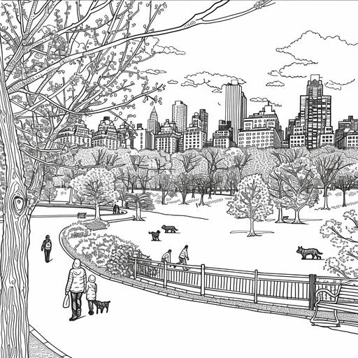 City park in spring with people and pets