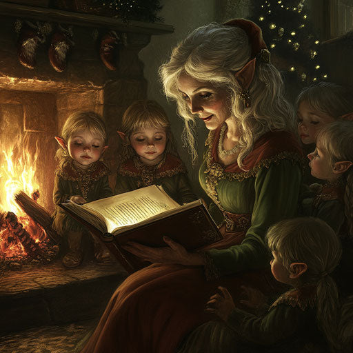 Mrs. Claus reading a Christmas story to enchanted young elves by the fire