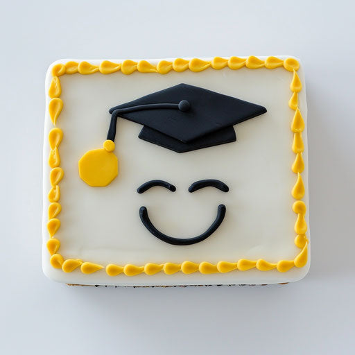 White rectangular cake with yellow edges and winking emoji graduation cap