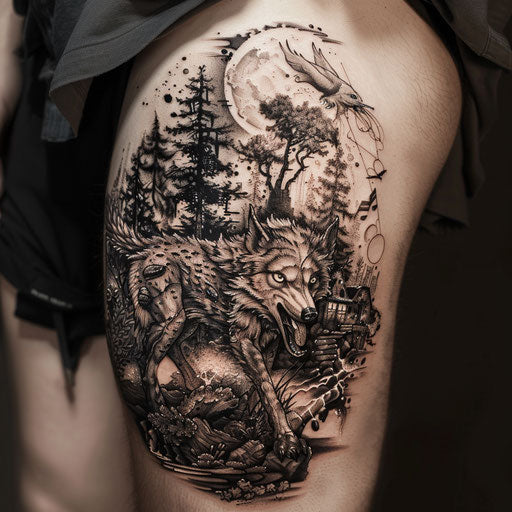 Men's thigh tattoos: surreal dreamscapes and fantastical creatures