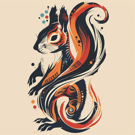 Stylized flat tattoo sketch of a squirrel with bold tribal markings