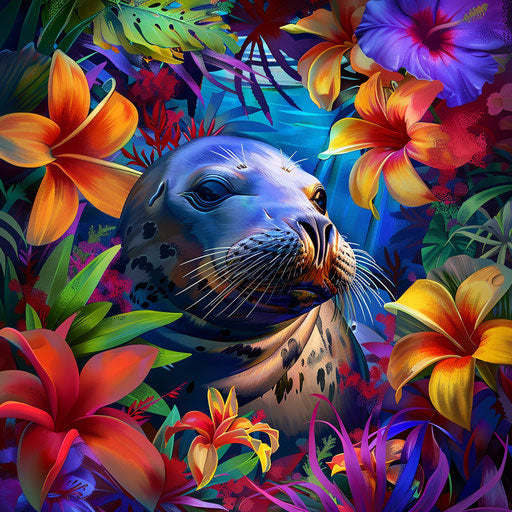 Hawaiian monk seal among tropical flowers