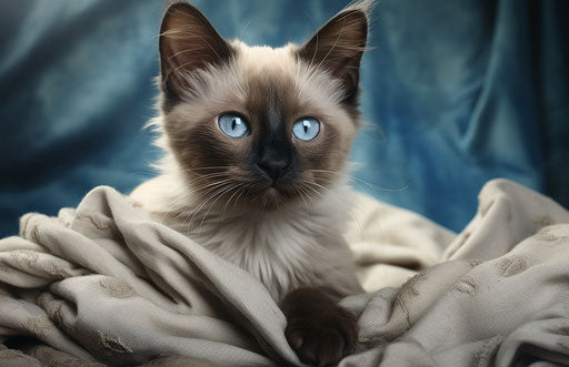 Cat sitting on a light beige and sky-blue blanket
