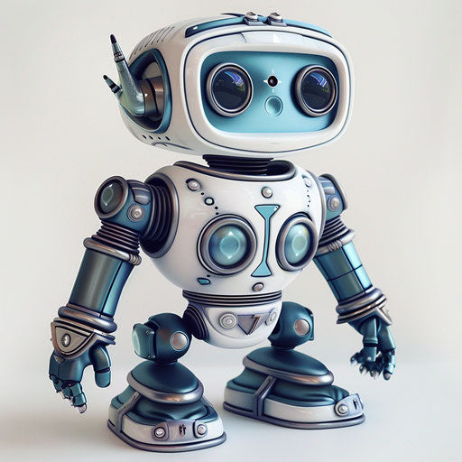 Playful robot with metallic silver and blues on white canvas