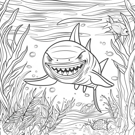 Lively underwater scene with cartoonish shark character