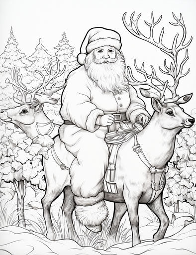 Santa Claus coloring page with reindeer, animated style