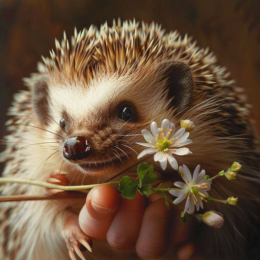 Delicate paws of hedgehog holding spring flowers