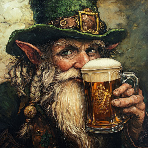 Leprechaun drinking beer with green hat and beard