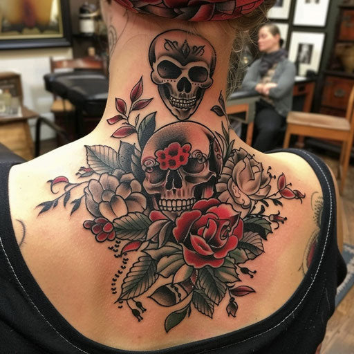 Neck tattoos for women in the style of Ed Hardy with roses and skulls