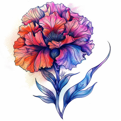 Vibrant carnation tattoo design with watercolor effects on plain white background