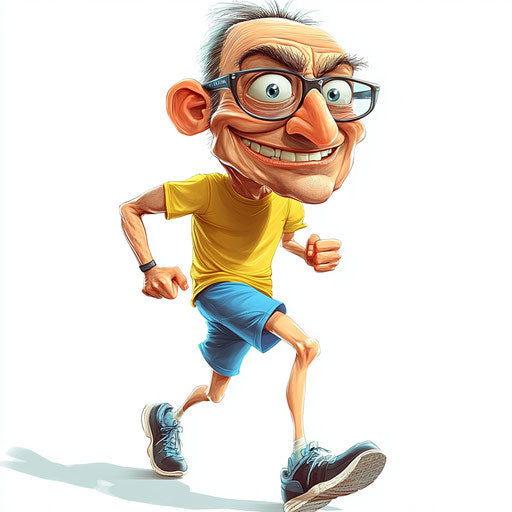 Humorous caricature of a jogging clipart with human characteristics, exaggerated long eyelashes, long legs, pastel shades, vibrant colors, cartoon style, winking, high resolution, isolated