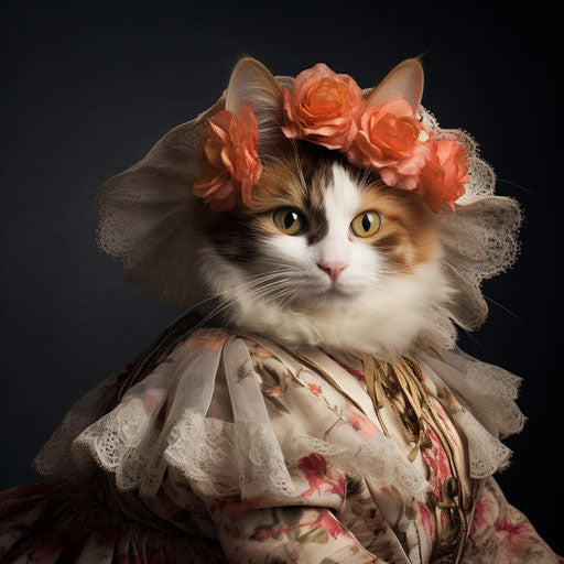 Calico cat dressed as a woman